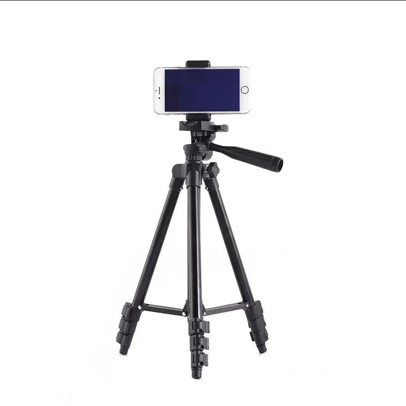 Black aluminium portable tripod with 3D head extended to full height of 1 metre.