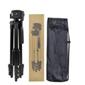 Black aluminium portable tripod with 3D head extended to full height of 1 metre.