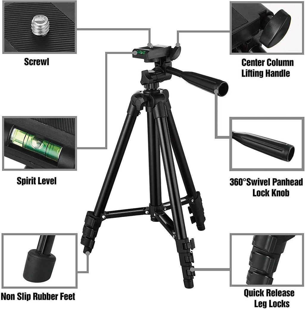 Black aluminium portable tripod with 3D head extended to full height of 1 metre.