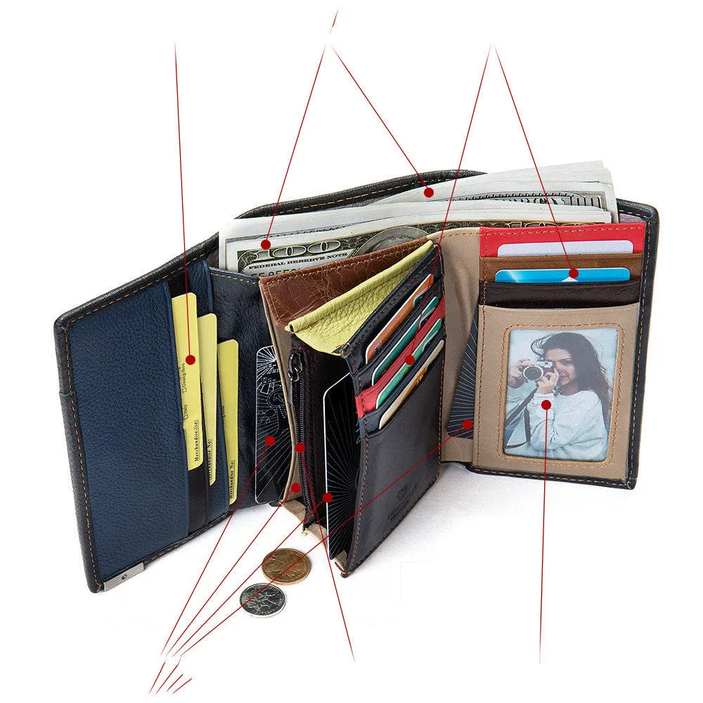 Women's large-capacity leather long wallet with first layer cowhide, hook closure, and geometric pattern