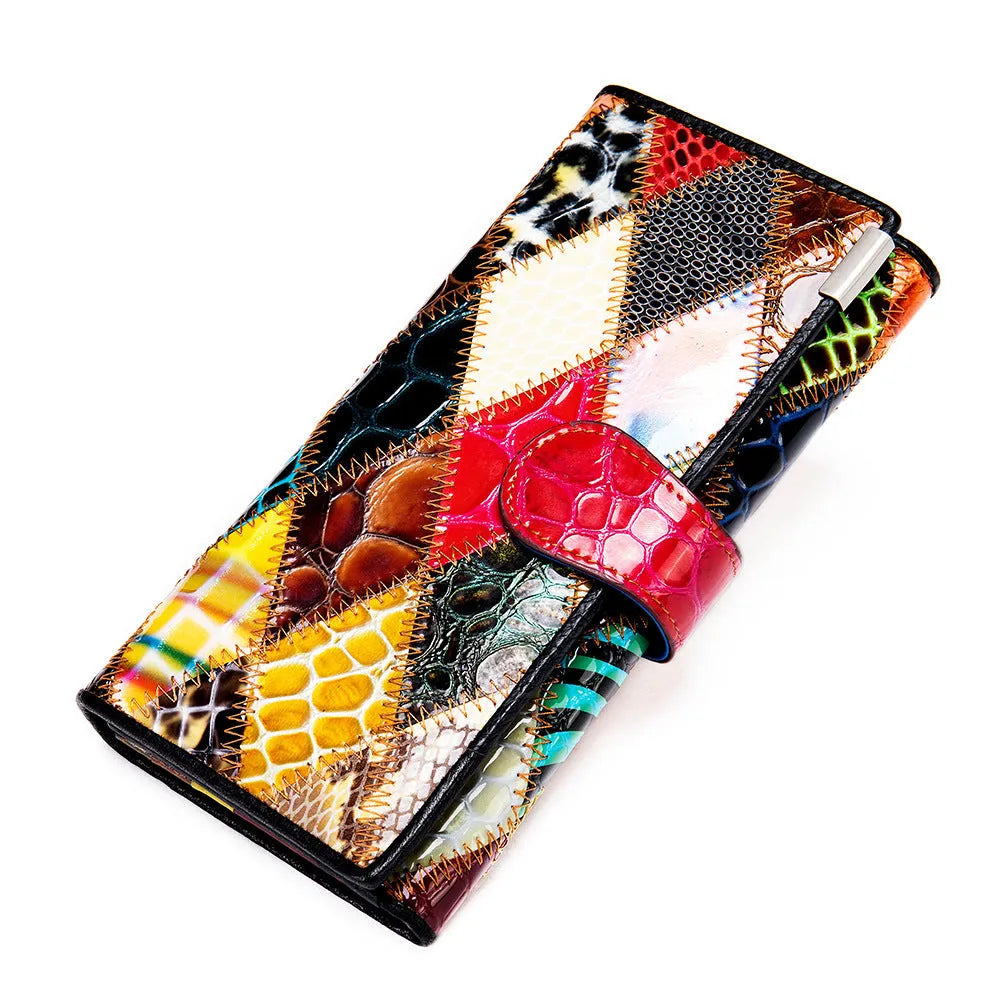 Women's large-capacity leather long wallet with first layer cowhide, hook closure, and geometric pattern