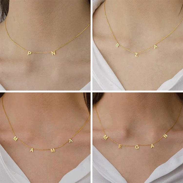 Personalised name necklace with custom initials in 14K Gold finish on 316L Titanium Steel chain, 40+5 cm adjustable length