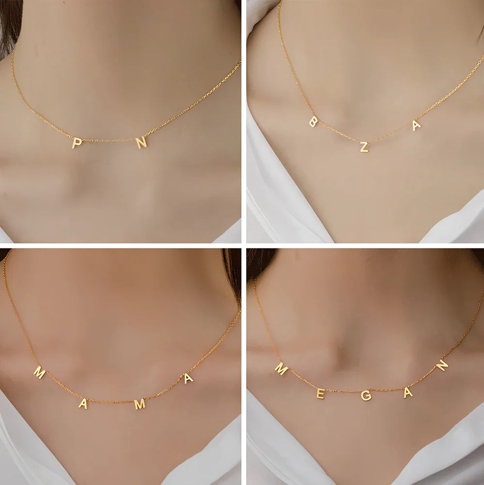 Custom 316L titanium steel initial necklace with 40+5cm chain, engraved 2-7 letters in gold, rose gold, or steel