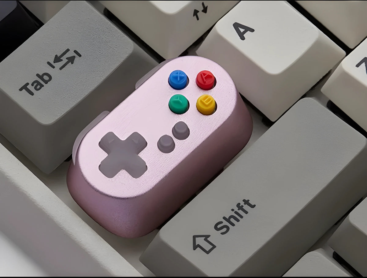 Wireless mechanical keyboard switch with metal transparent keycap in blue colour and game console handle design