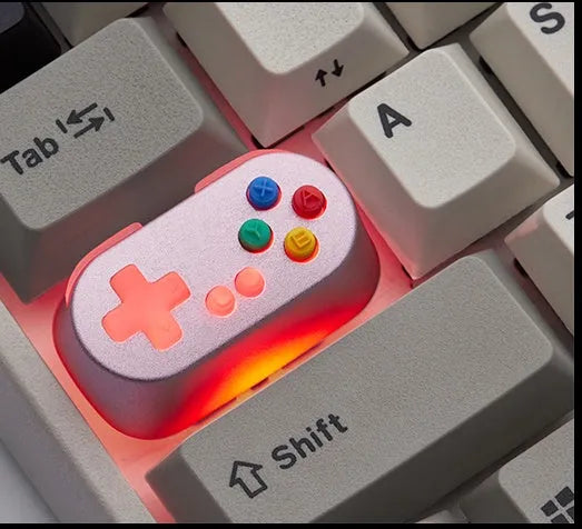 Wireless mechanical keyboard switch with metal transparent keycap in blue colour and game console handle design