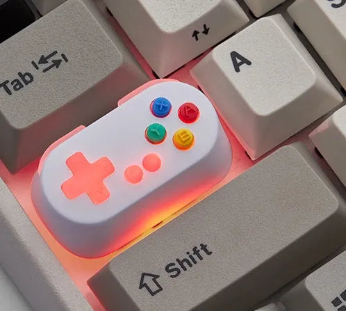 Wireless mechanical keyboard switch with metal transparent keycap in blue colour and game console handle design
