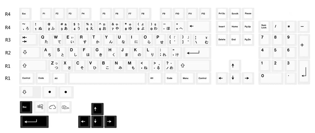 Black and white Japanese minimalist sublimation keycap set with 104 PBT keycaps in original factory height on a flat surface.