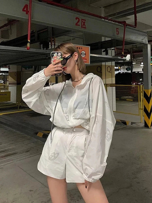 Women's reflective butterfly print two-piece set with hoodie and zip shorts