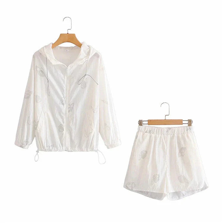 Women's reflective butterfly print two-piece set with hoodie and zip shorts