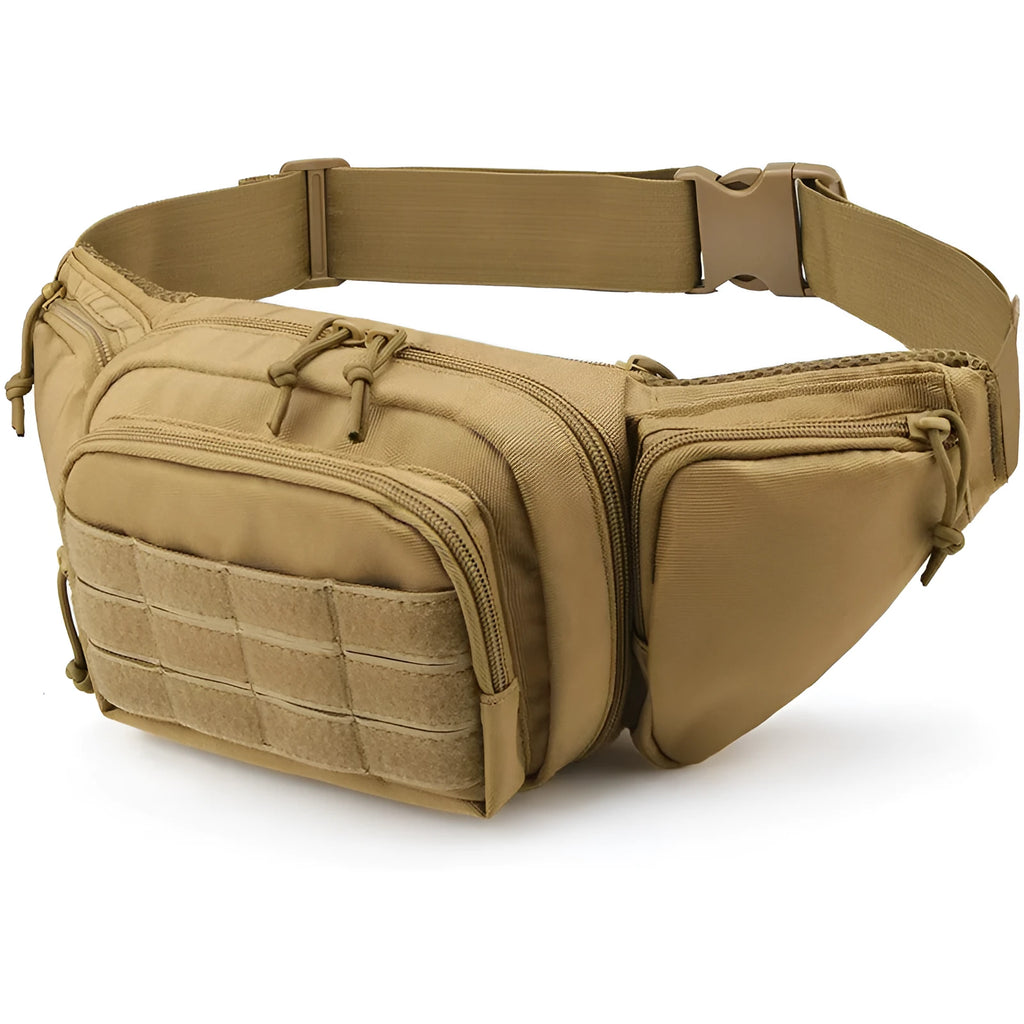 Black tactical waist bag with adjustable shoulder straps worn crossbody.