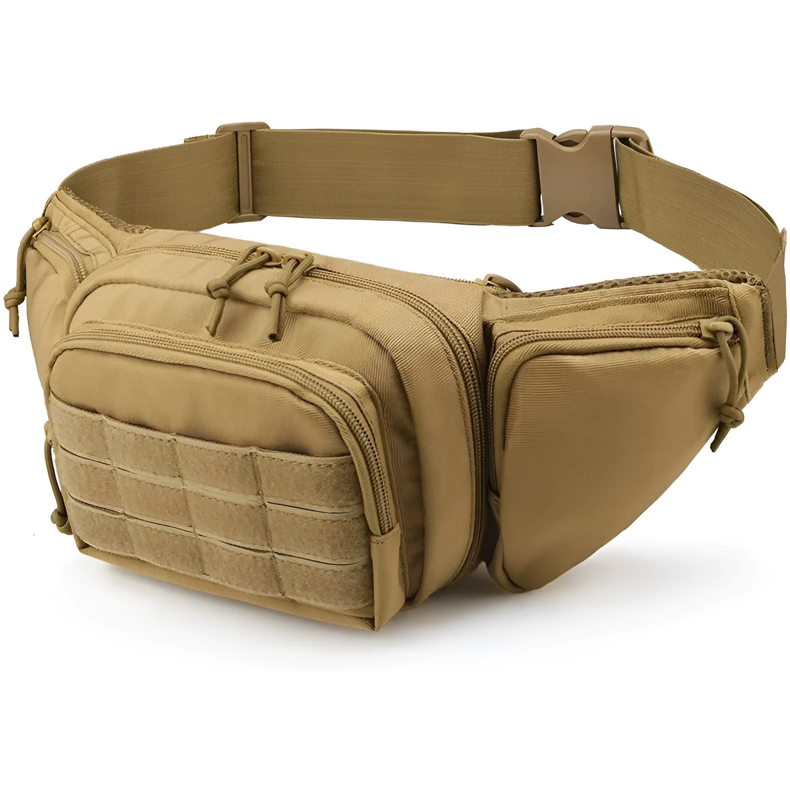 Black tactical waist bag with adjustable shoulder straps worn crossbody.