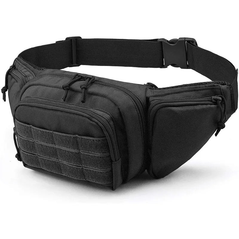 Black tactical waist bag with adjustable shoulder straps worn crossbody.