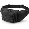 Black tactical waist bag with adjustable shoulder straps worn crossbody.