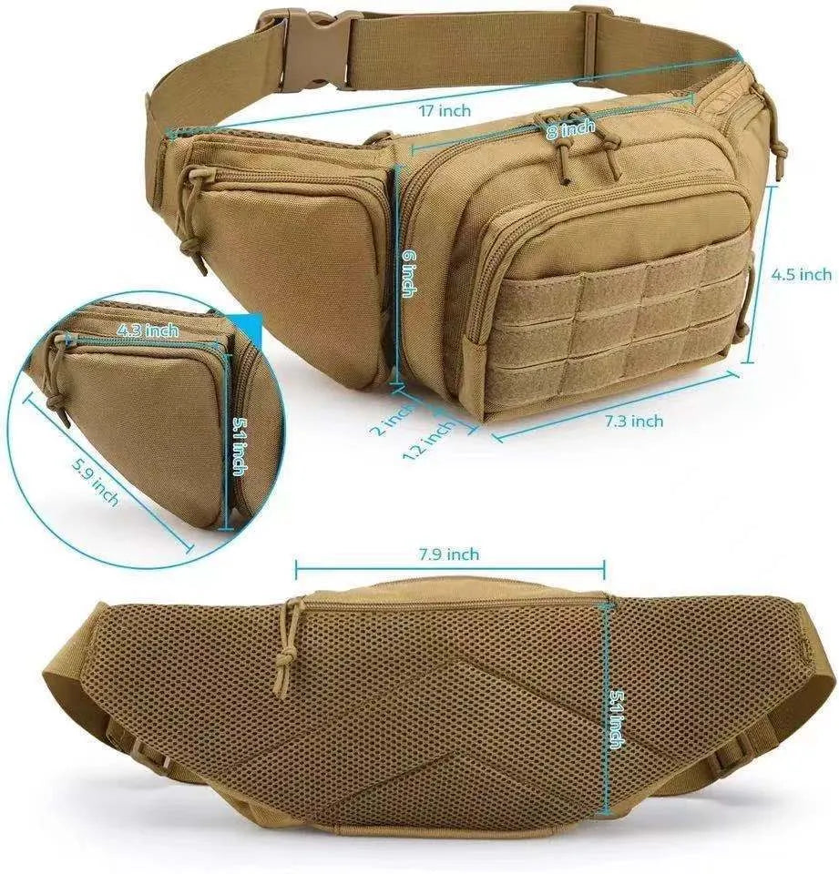 Black tactical waist bag with adjustable shoulder straps worn crossbody.