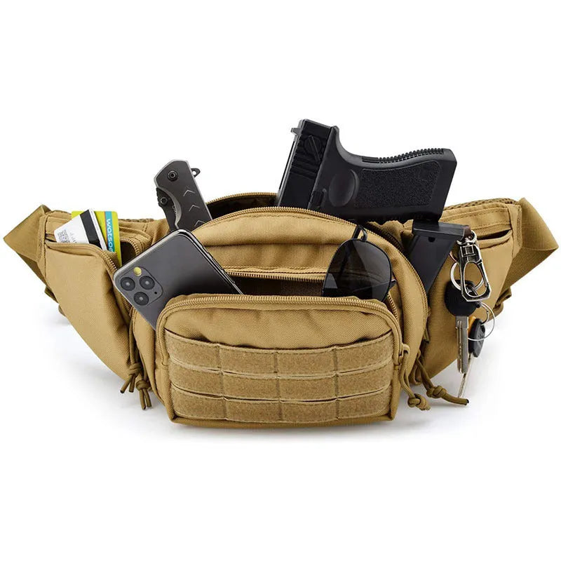 Black tactical waist bag with adjustable shoulder straps worn crossbody.
