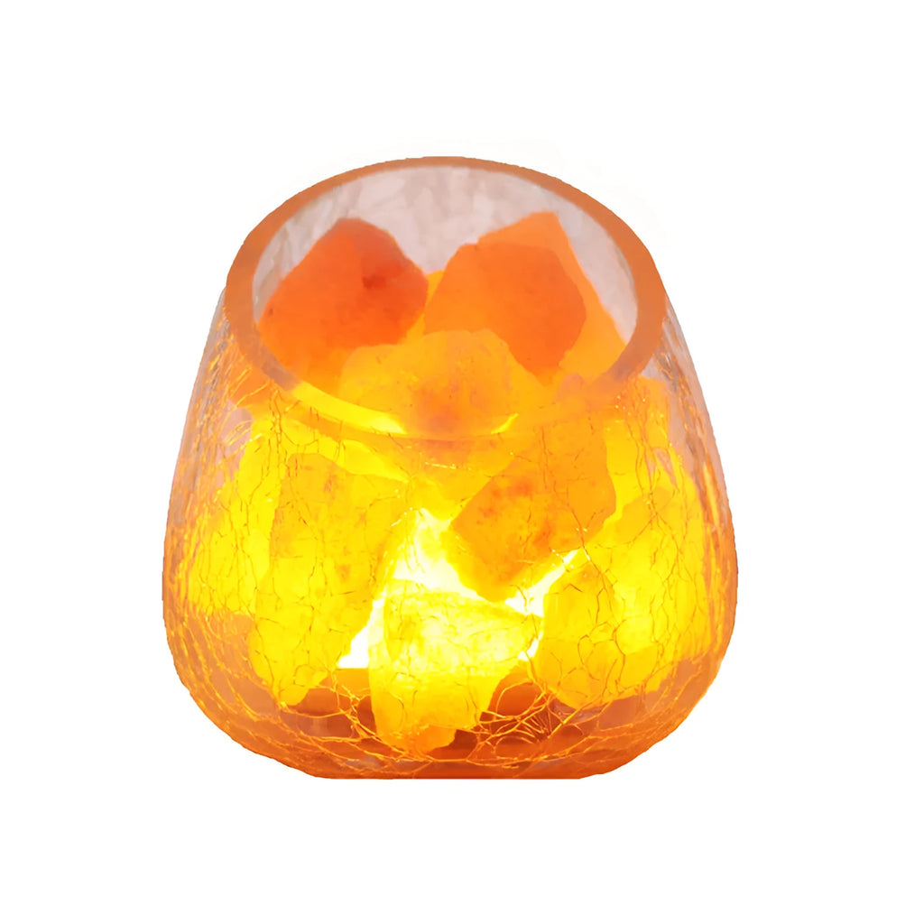 Crystal salt lamp night light with warm 10W glow, glass oblique mouth ice crack shade, 130mm x 140mm, on bedroom table