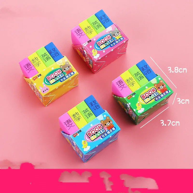 Cartoon book erasers in four-piece sets for classroom prizes and student stationery