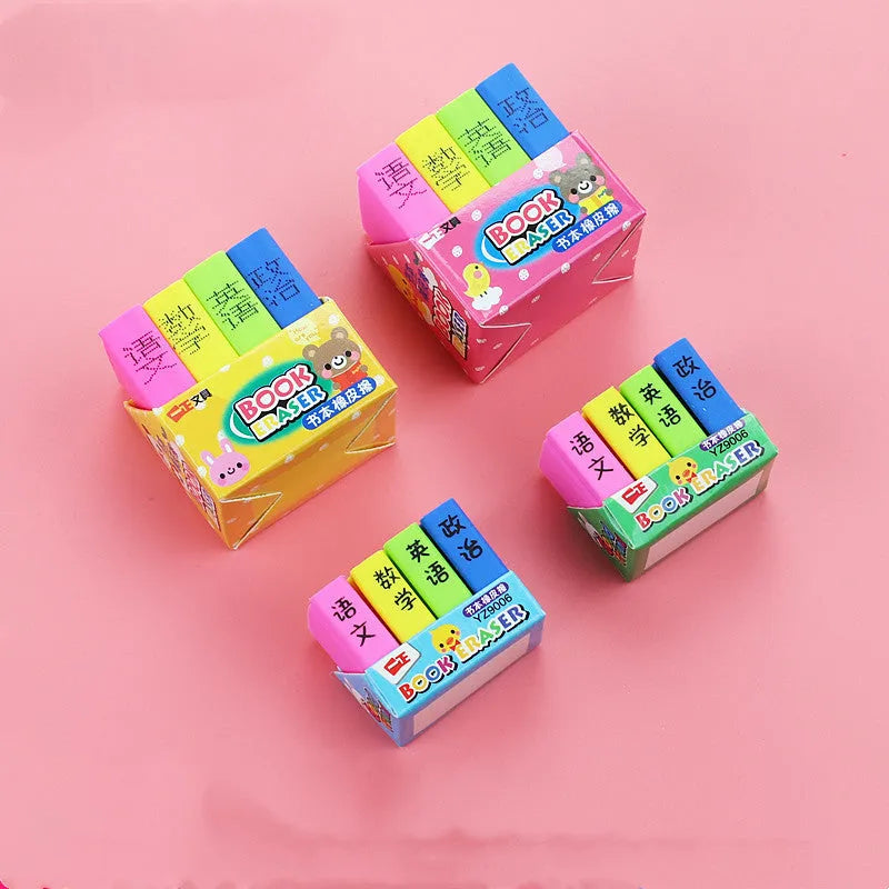 Cartoon book erasers in four-piece sets for classroom prizes and student stationery