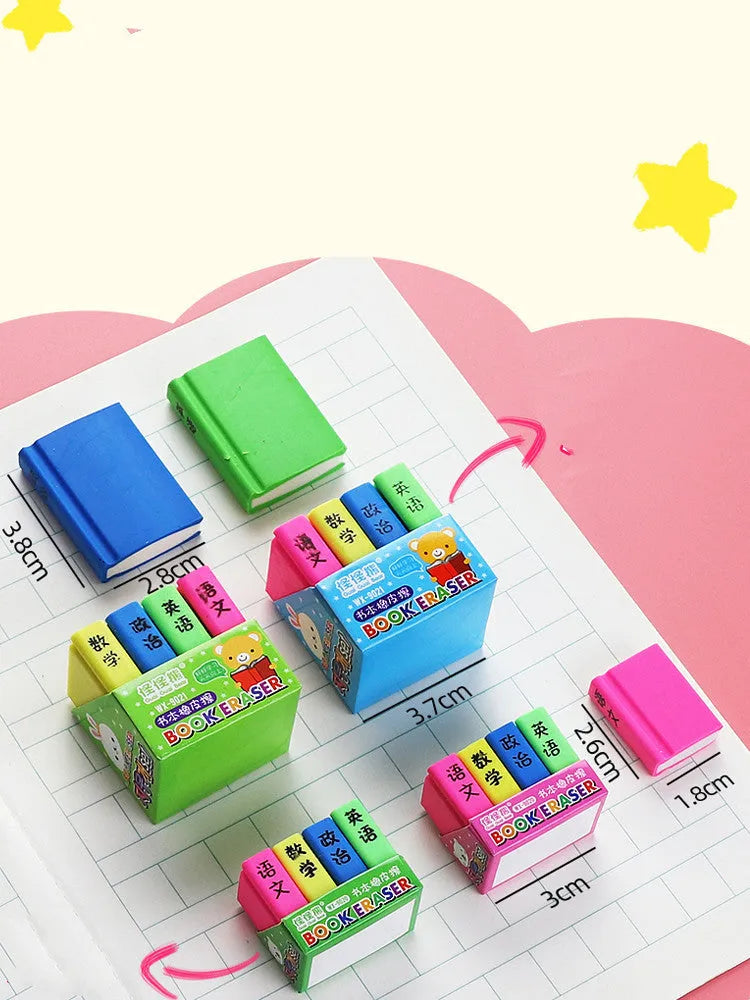 Cartoon book erasers in four-piece sets for classroom prizes and student stationery