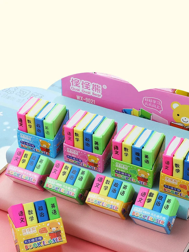 Cartoon book erasers in four-piece sets for classroom prizes and student stationery