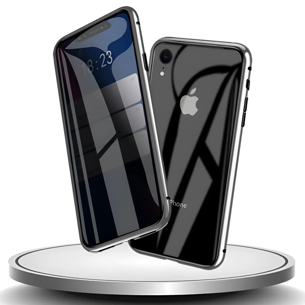 Glass anti-spy clamshell phone case in multiple colours for iPhone models.
