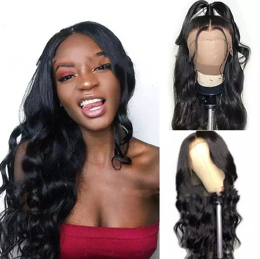 Black 70cm long curly synthetic wig with face-framing bangs and defined wave pattern