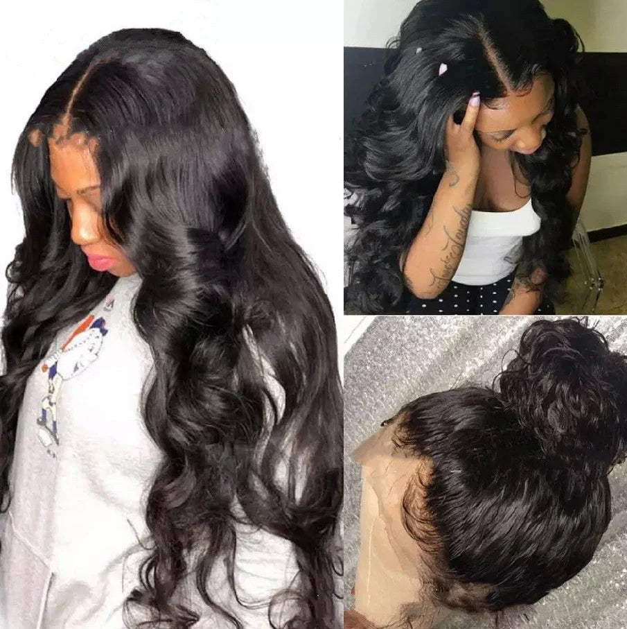 Black 70cm long curly synthetic wig with face-framing bangs and defined wave pattern