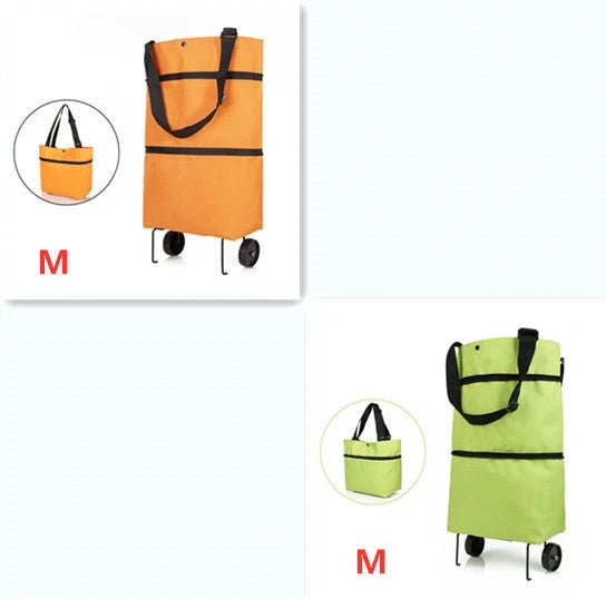 Folding shopping cart with wheels and reusable bags in various colors