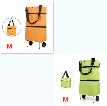 Folding shopping cart with wheels and reusable bags in various colors