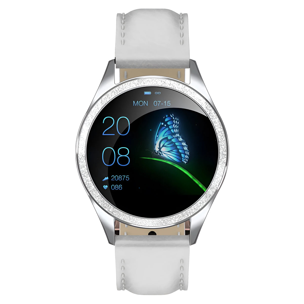 Women's stainless steel smart bracelet watch with menstrual cycle tracker on a dynamic colour screen.