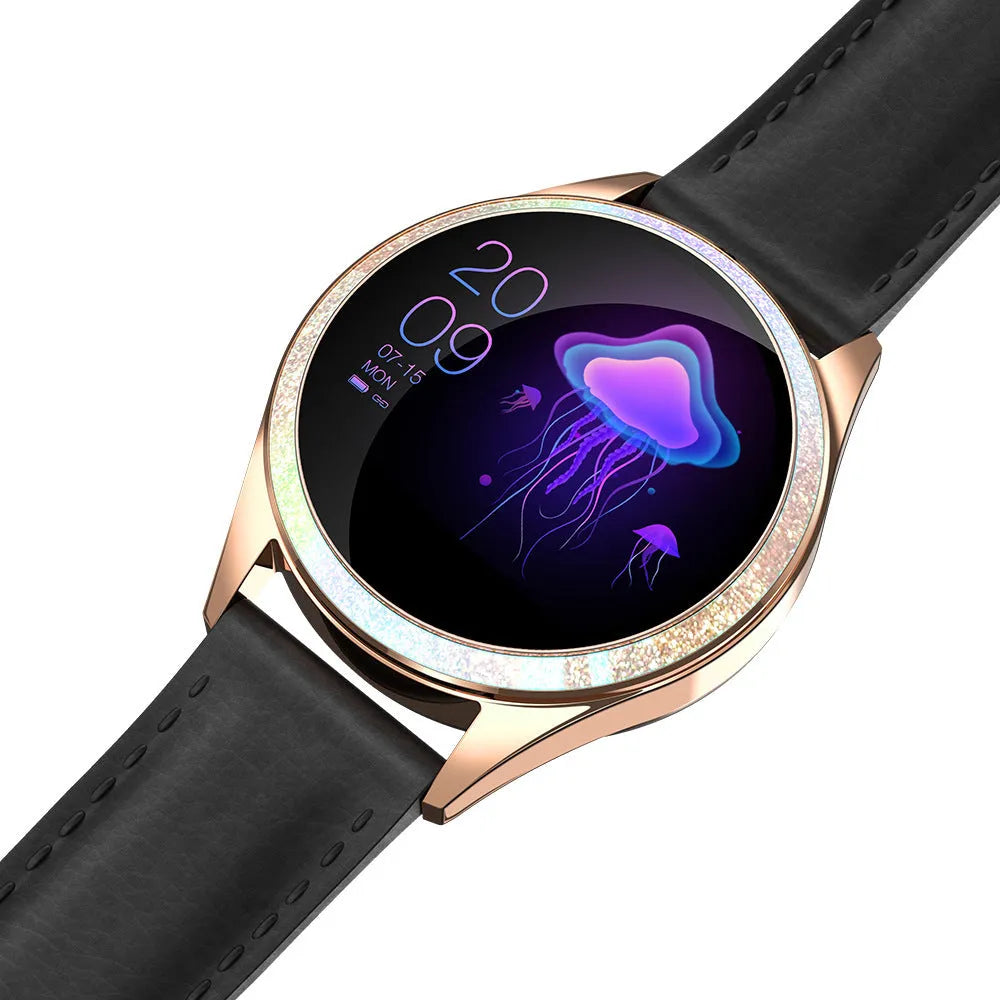 Women's stainless steel smart bracelet watch with menstrual cycle tracker on a dynamic colour screen.