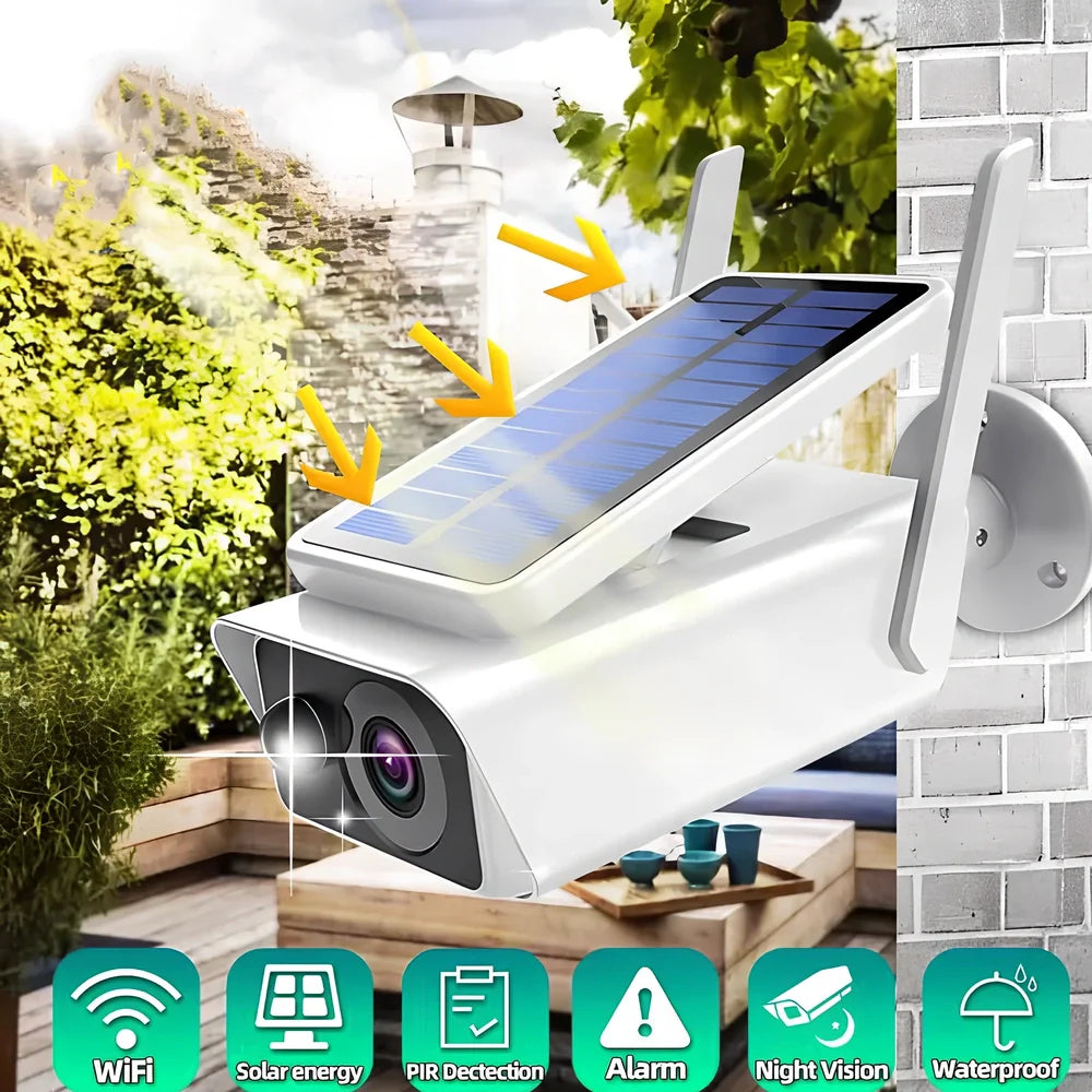 Wireless solar security camera with aluminium housing and 1080p resolution for outdoor surveillance