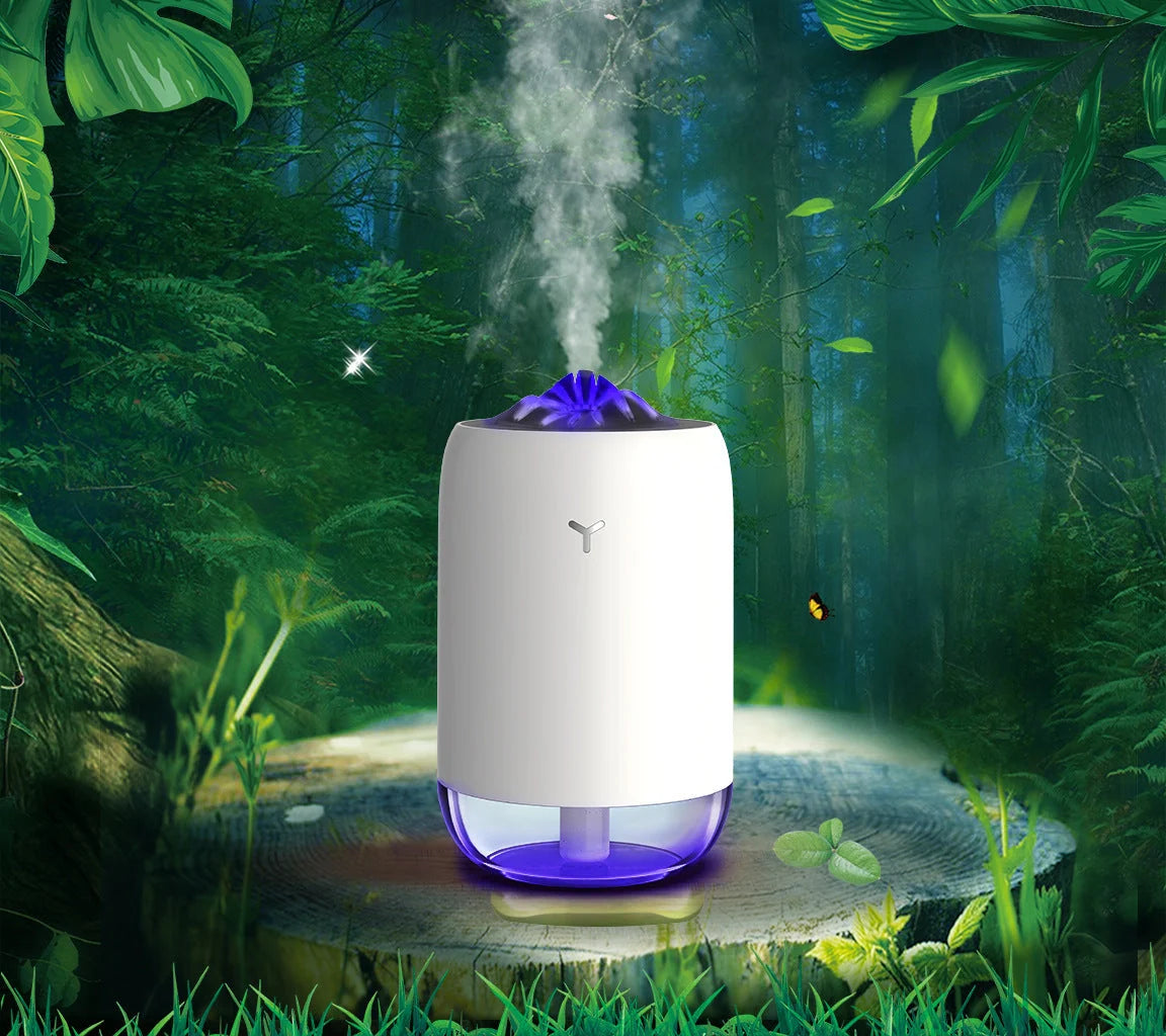 Magic Flame Humidifier in white, light blue, and pink, compact ultrasonic humidifier for small spaces