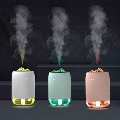 Magic Flame Humidifier in white, light blue, and pink, compact ultrasonic humidifier for small spaces