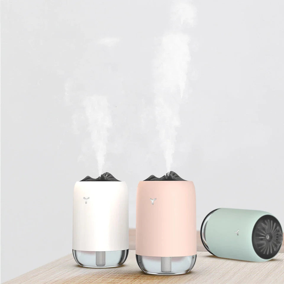 Magic Flame Humidifier in white, light blue, and pink, compact ultrasonic humidifier for small spaces