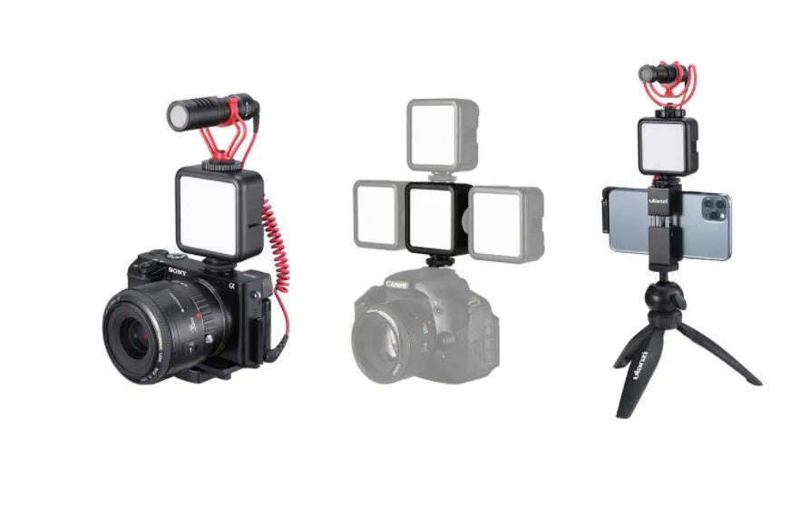 Mini LED photography light with built-in lithium battery, 6W dimmable 5500K, black finish, compact 10.5x8x4cm