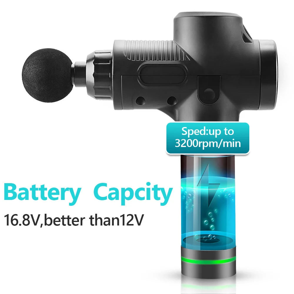 Release Stick Transmembrane Electric Massage Gun with six interchangeable heads on a white background
