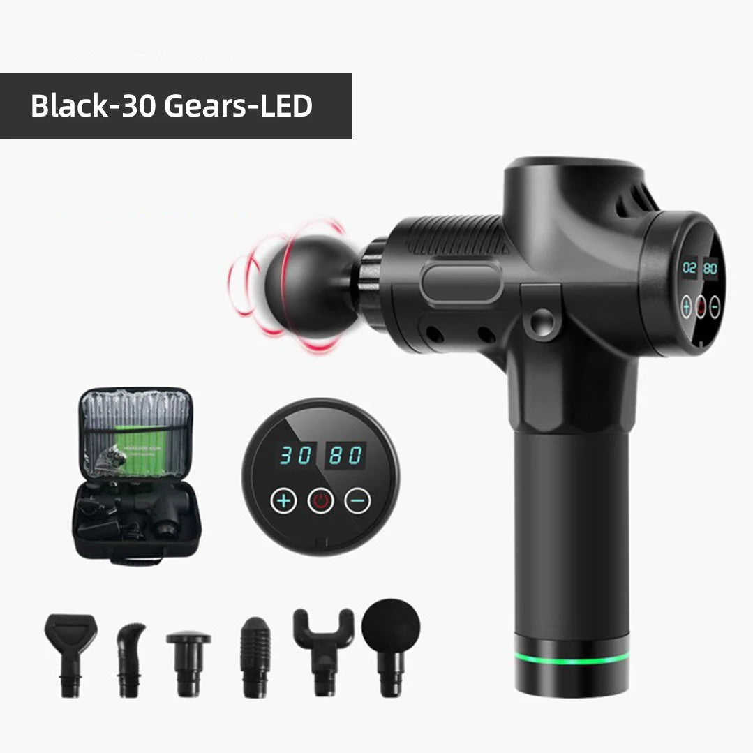 Release Stick Transmembrane Electric Massage Gun with six interchangeable heads on a white background