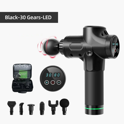 Release Stick Transmembrane Electric Massage Gun with six interchangeable heads on a white background