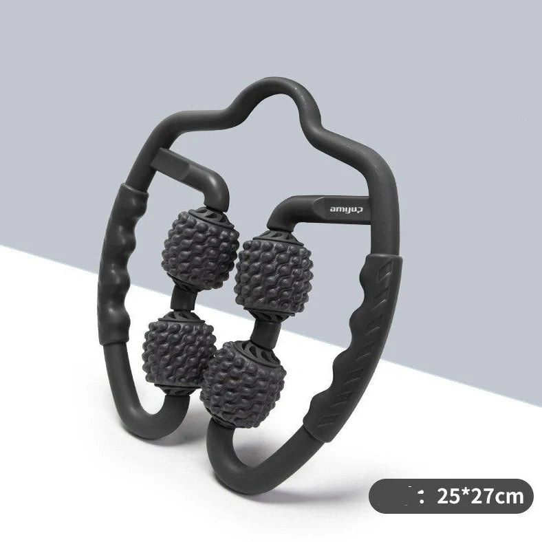 Black MSG foam roller muscle relaxer with 33cm length and 15cm diameter for sports medicine and physical therapy applications to relieve tension in lower limb muscles including IT band and piriformis