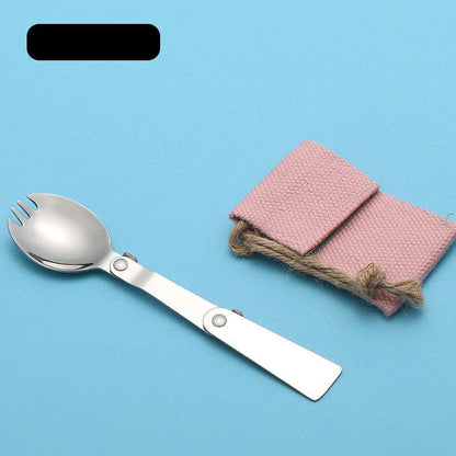 Stainless steel folding camping spoon with canvas bag, perfect for outdoor adventures