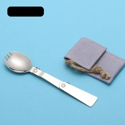 Stainless steel folding camping spoon with canvas bag, perfect for outdoor adventures