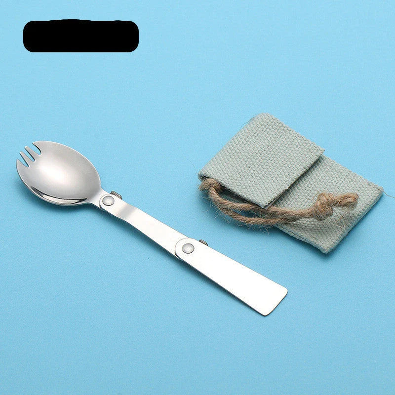 Stainless steel folding camping spoon with canvas bag, perfect for outdoor adventures