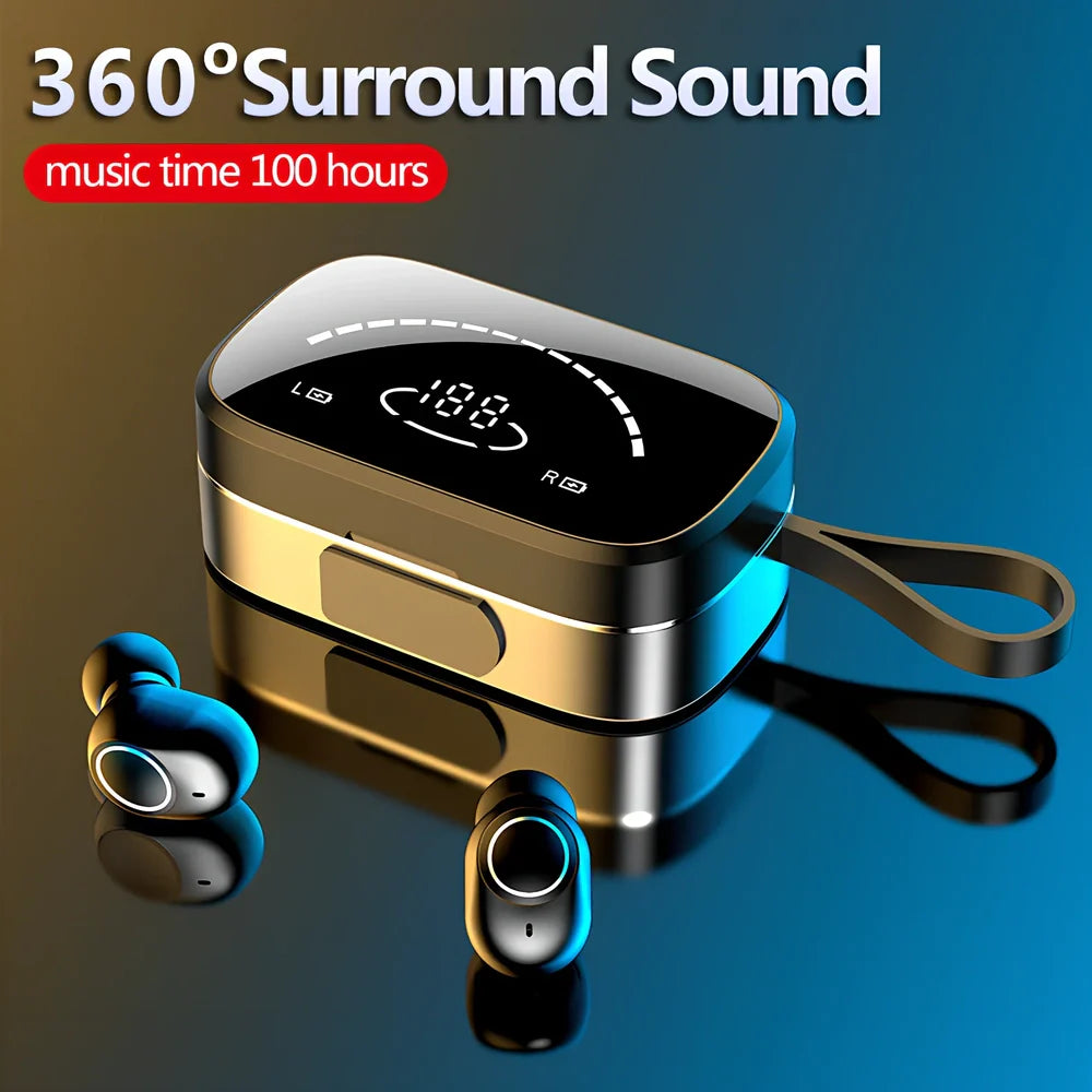 Black wireless Bluetooth 5.0 earbuds with charging case, IPX5 sweat-proof for sports, 10m range