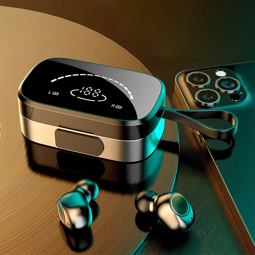 Black wireless Bluetooth 5.0 earbuds with charging case, IPX5 sweat-proof for sports, 10m range