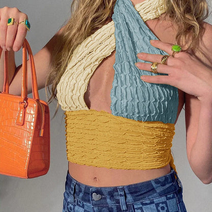 Women's Patchwork Hollow Out Knit Crop Top in colorful design