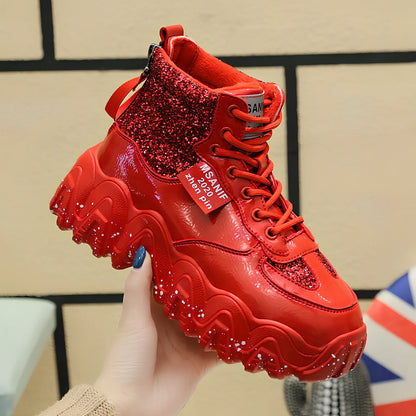 Women's platform sneakers with decorative sequins and 3-5cm heel in black, red, or silver
