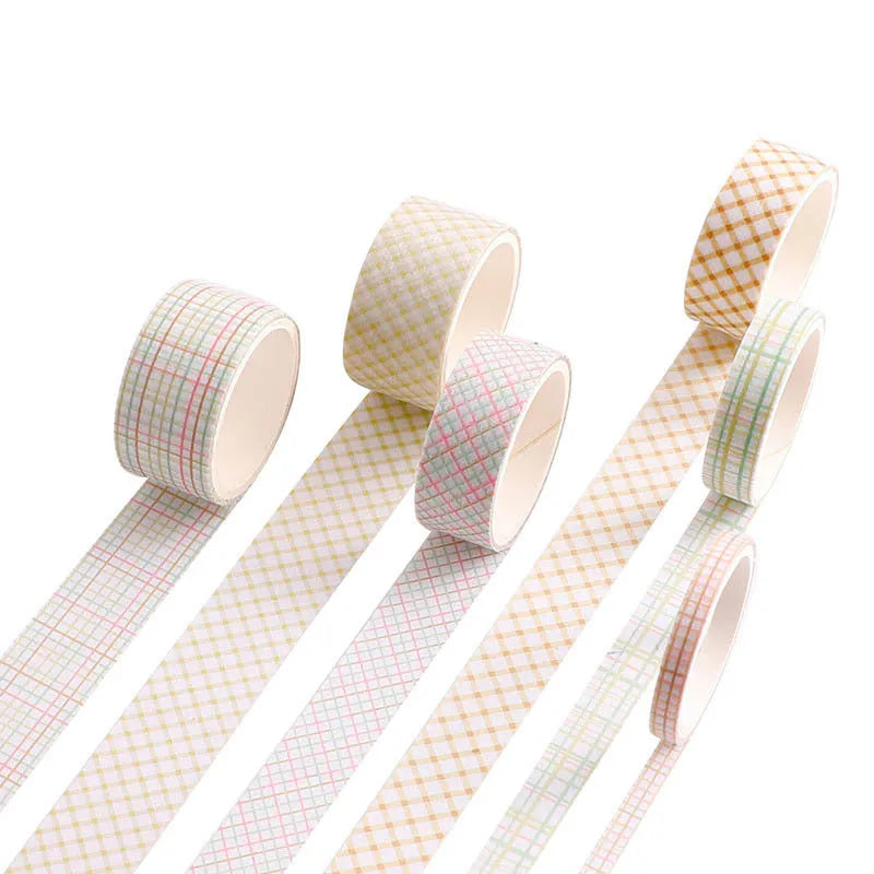 Set of six rolls of retro plaid Japanese paper tape stickers for hand accounting, showing various widths.