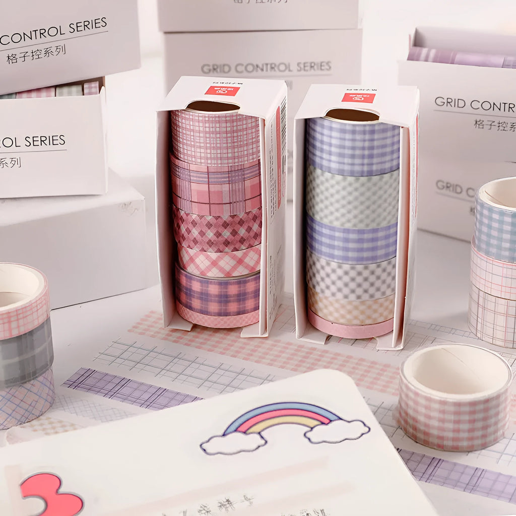 Set of six rolls of retro plaid Japanese paper tape stickers for hand accounting, showing various widths.