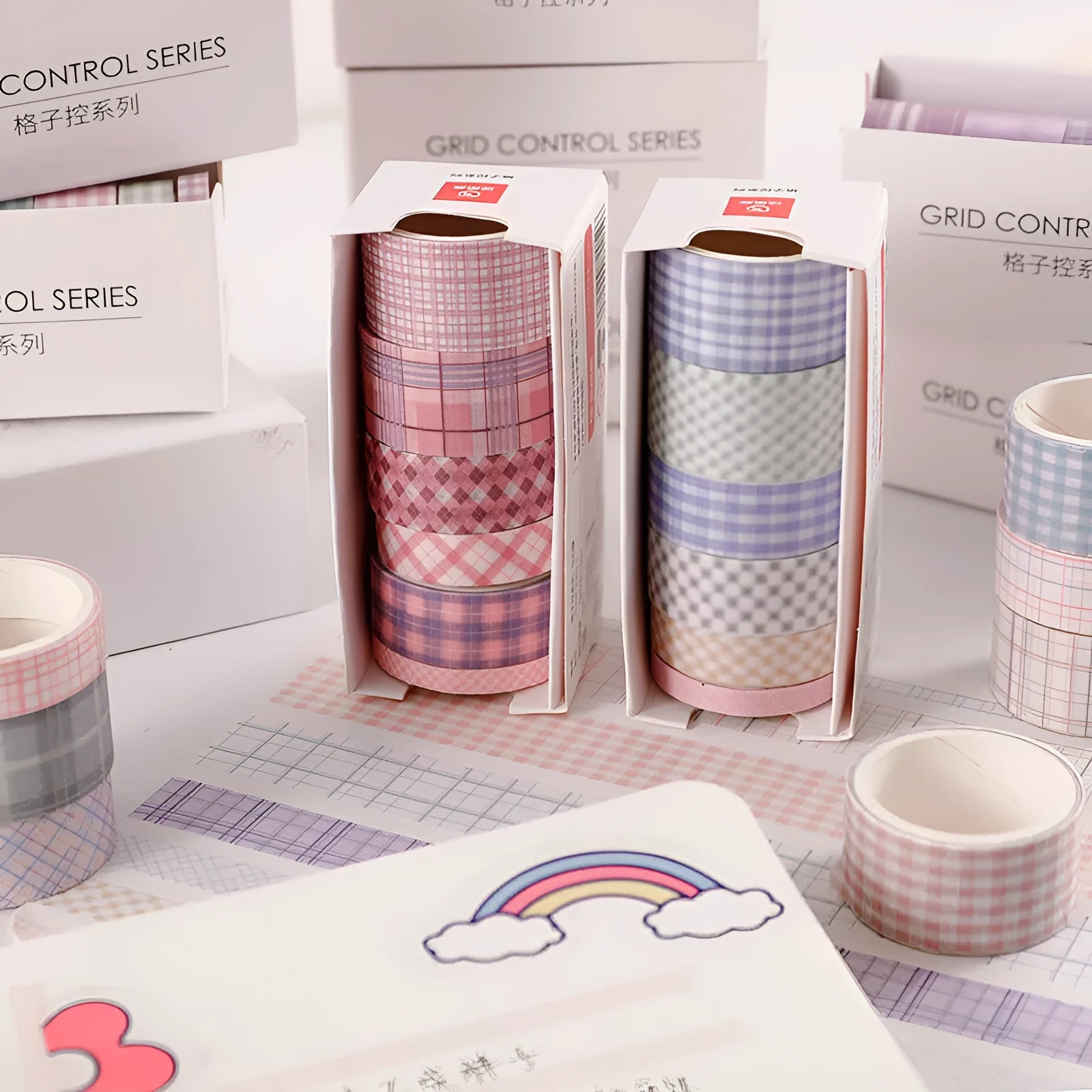 Set of six rolls of retro plaid Japanese paper tape stickers for hand accounting, showing various widths.